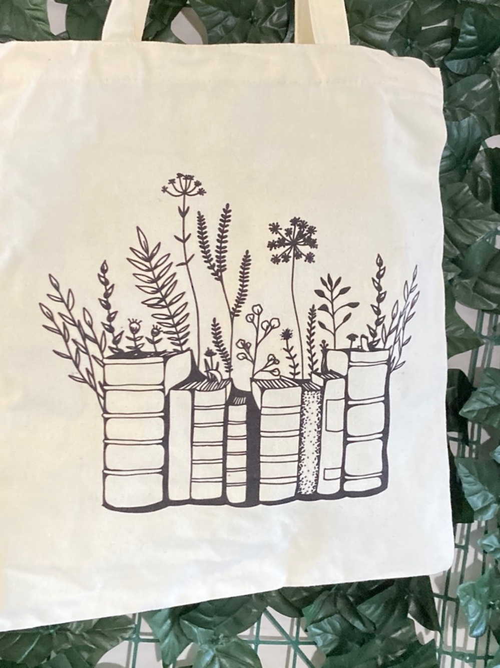 Canvas Book & Botanicals Tote Bag in Cream Mini Zipper Pocket Inside! - Picture 4 of 4